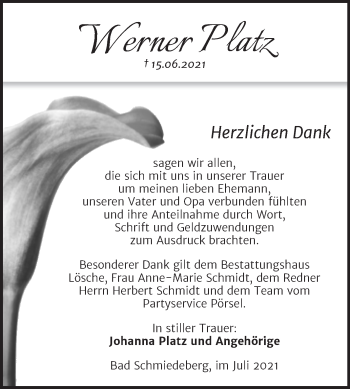Traueranzeige von Werner Platz von Trauerkombi Wittenberg