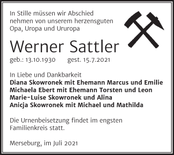Traueranzeige von Werner Sattler von Trauerkombi Merseburg