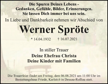 Traueranzeige von Werner Spröte von Trauerkombi Dessau