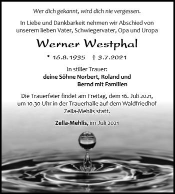 Traueranzeige von Werner Westphal von Mitteldeutsche Zeitung Köthen