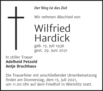 Traueranzeige von Wilfried Hardick von Mitteldeutsche Zeitung Halle/Saalkreis