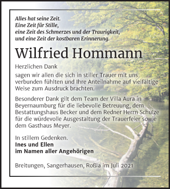 Traueranzeige von Wilfried Hommann von Trauerkombi Sangerhausen