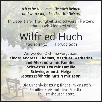 Traueranzeige von Wilfried Huch von Trauerkombi Mansfelder Land