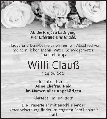 Traueranzeige von Willi Clauß von Trauerkombi Sangerhausen