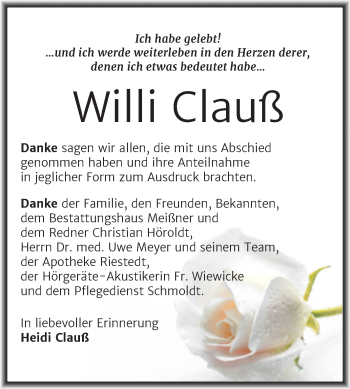 Traueranzeige von Willi Clauß von Trauerkombi Sangerhausen