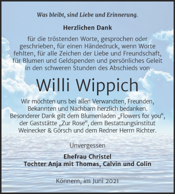 Traueranzeige von Willi Wippich von Trauerkombi Bernburg