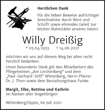 Traueranzeige von Willy Dreißig von Trauerkombi Bitterfeld