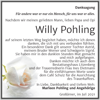 Traueranzeige von Willy Pohling von Trauerkombi Mansfelder Land
