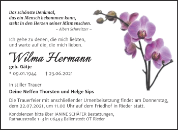 Traueranzeige von Wilma Hermann von Trauerkombi Quedlinburg