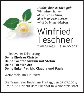 Traueranzeige von Winfried Teschner von Trauerkombi Weißenfels