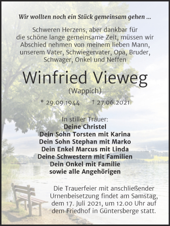 Traueranzeige von Winfried Vieweg von Trauerkombi Quedlinburg