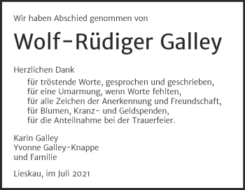 Traueranzeige von Wolf-Rüdiger Galley von Mitteldeutsche Zeitung Halle/Saalkreis