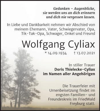 Traueranzeige von Wolfgang Cyliax von Wochenspiegel Naumburg/Nebra