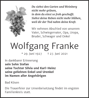 Traueranzeige von Wolfgang Franke von Wochenspiegel Naumburg/Nebra