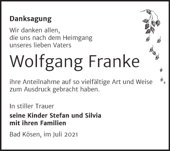 Traueranzeige von Wolfgang Franke von Wochenspiegel Naumburg/Nebra