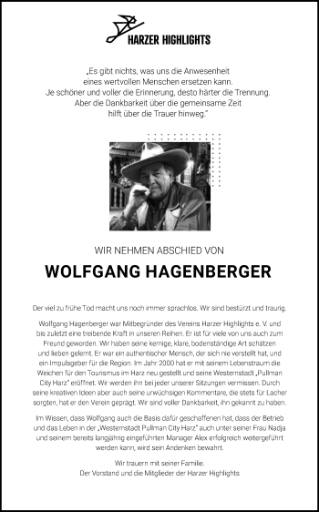 Traueranzeige von Wolfgang Hagenberger von Mitteldeutsche Zeitung Quedlingburg