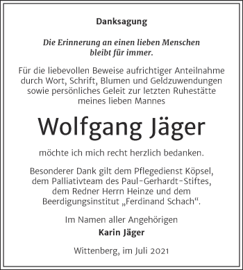 Traueranzeige von Wolfgang Jäger von Trauerkombi Wittenberg