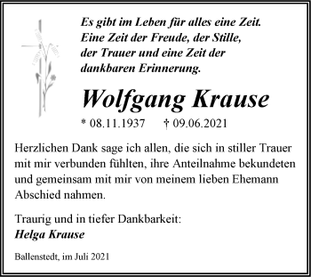 Traueranzeige von Wolfgang Krause von Trauerkombi Quedlinburg