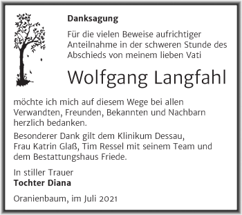 Traueranzeige von Wolfgang Langfahl von Trauerkombi Wittenberg