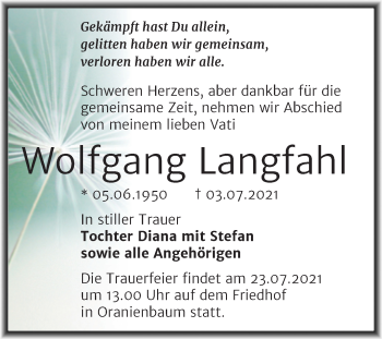 Traueranzeige von Wolfgang Langfahl von Trauerkombi Wittenberg