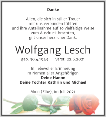 Traueranzeige von Wolfgang Lesch von Trauerkombi Köthen