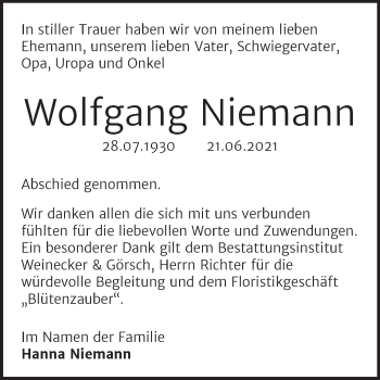Traueranzeige von Wolfgang Niemann von Trauerkombi Bernburg