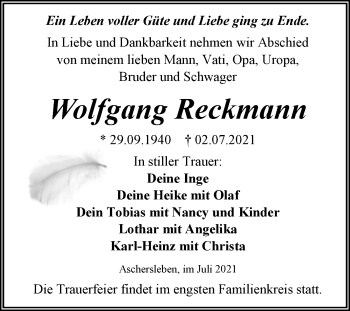 Traueranzeige von Wolfgang Reckmann von Trauerkombi Aschersleben
