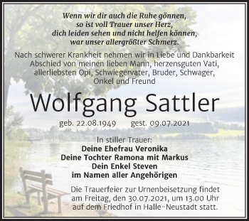 Traueranzeige von Wolfgang Sattler von Mitteldeutsche Zeitung Halle/Saalkreis