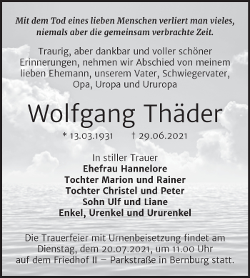 Traueranzeige von Wolfgang Thäder von Trauerkombi Bernburg