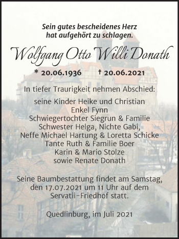 Traueranzeige von Wolfgang Otto Willi Donath von Trauerkombi Quedlinburg