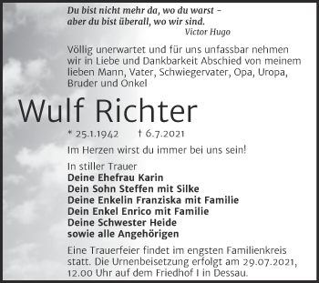 Traueranzeige von Wulf Richter von Trauerkombi Dessau