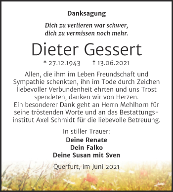 Traueranzeige von Dieter Gessert von Trauerkombi Merseburg