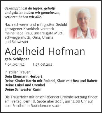 Traueranzeige von Adelheid Hofman von Trauerkombi Sangerhausen