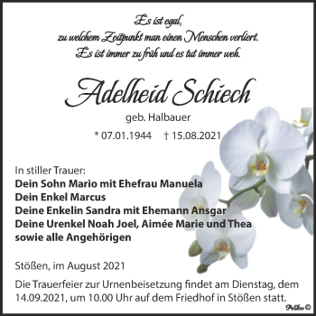 Traueranzeige von Adelheid Schiech von Wochenspiegel Naumburg/Nebra