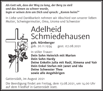 Traueranzeige von Adelheid Schmiedehausen von Trauerkombi Merseburg