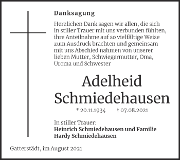 Traueranzeige von Adelheid Schmiedehausen von Trauerkombi Merseburg
