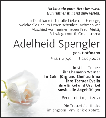 Traueranzeige von Adelheid Spengler von Trauerkombi Mansfelder Land
