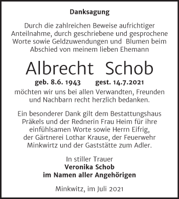 Traueranzeige von Albrecht Schob von Trauerkombi Zeitz