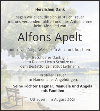 Traueranzeige von Alfons Apelt von Trauerkombi Wittenberg