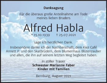 Traueranzeige von Alfred Habla von Trauerkombi Bernburg