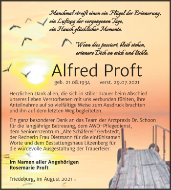 Traueranzeige von Alfred Proft von Trauerkombi Mansfelder Land