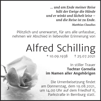 Traueranzeige von Alfred Schilling von Trauerkombi Bernburg