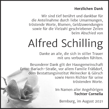 Traueranzeige von Alfred Schilling von Trauerkombi Bernburg