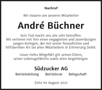 Traueranzeige von Andre Büchner von Mitteldeutsche Zeitung Weißenfels