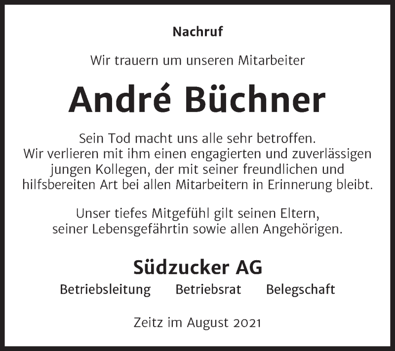  Traueranzeige für Andre Büchner vom 21.08.2021 aus Mitteldeutsche Zeitung Weißenfels
