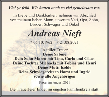 Traueranzeige von Andreas Nieft von Trauerkombi Aschersleben