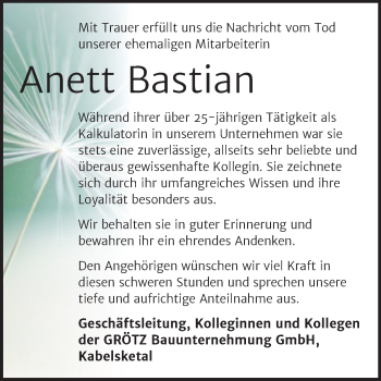 Traueranzeige von Anett Bastian von Mitteldeutsche Zeitung Merseburg/Querfurt