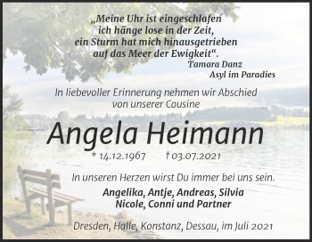 Traueranzeige von Angela Heimann von Trauerkombi Dessau