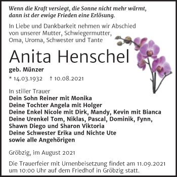 Traueranzeige von Anita Henschel von Trauerkombi Köthen