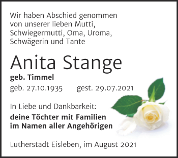 Traueranzeige von Anita Stange von Trauerkombi Mansfelder Land